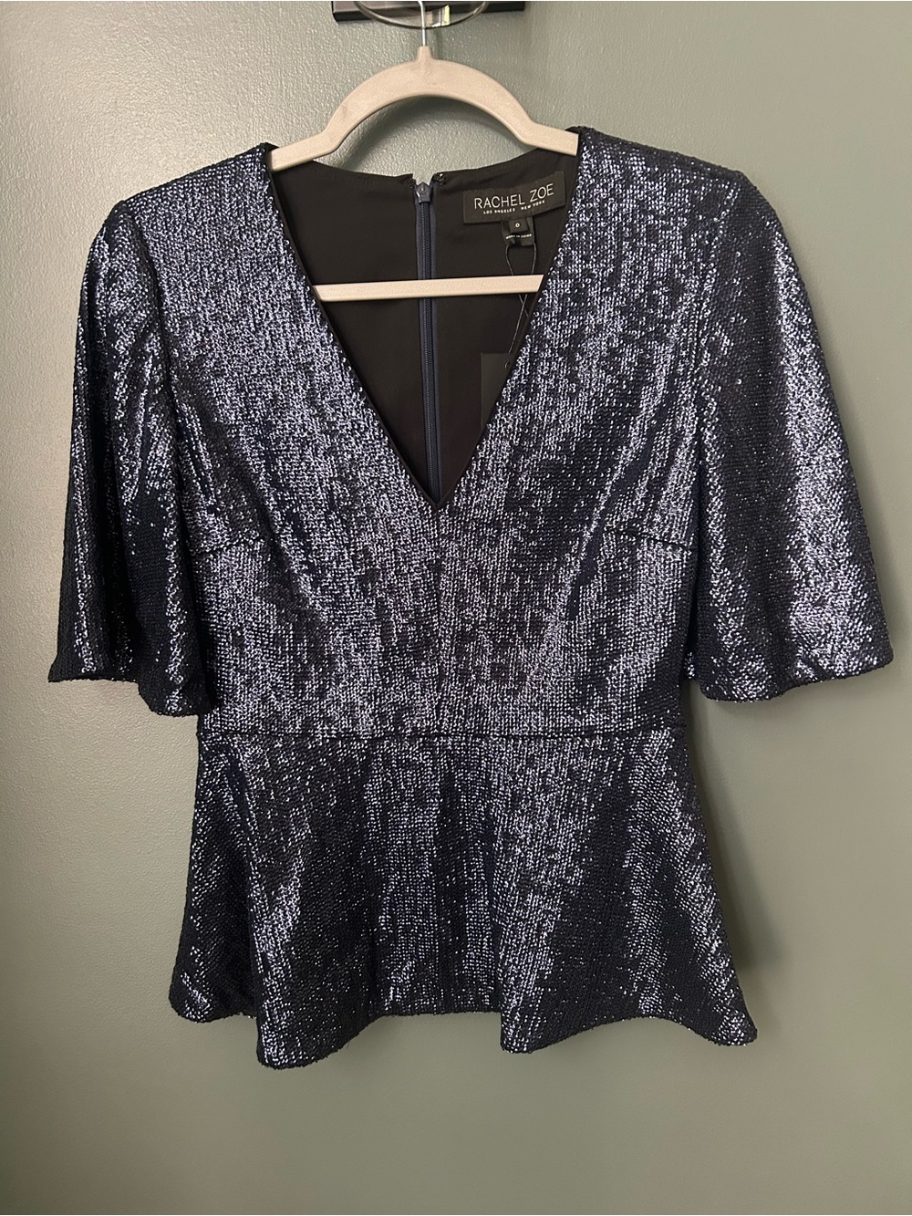 Rachel Zoe Navy Sequin V-Neck Peplum Blouse